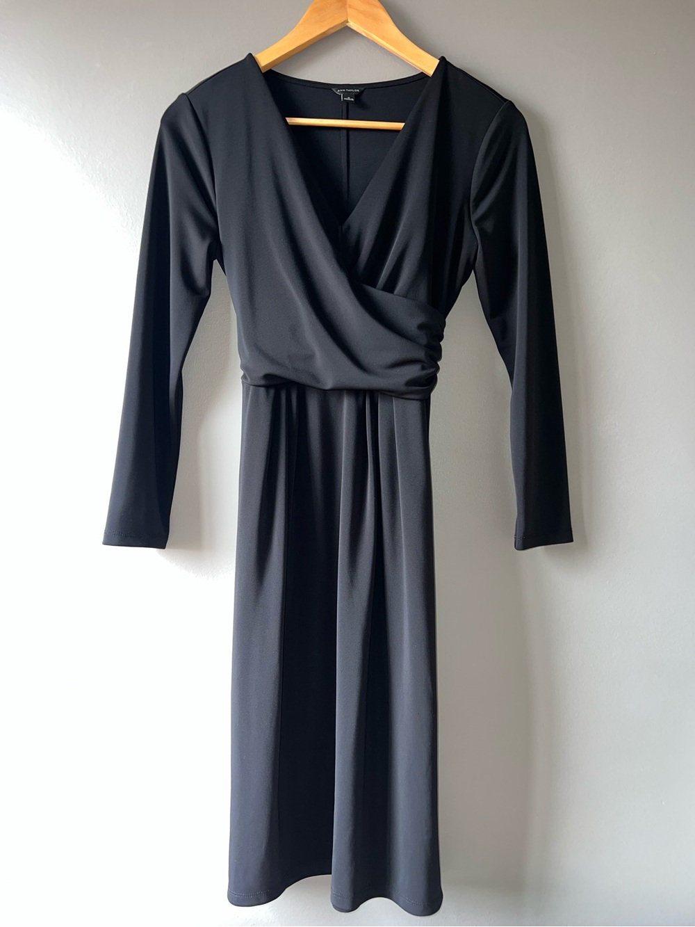 Ann Taylor Black Wrap-Front Long Sleeve Dress